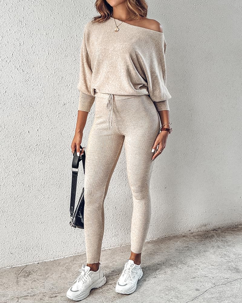 CHICME Store طقم استرخاء مكون من قطعتين بأكمام طويلة بلوزة محبوكة وسروال بسحاب - Image 1